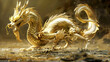 © sornram - Majestic golden dragon with shining scales and intricate details, symbolizing power and elegance in a mystical fantasy background.