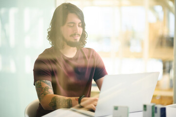 Poster - Business, man and typing on laptop in office for email feedback, communication and networking. Digital designer, employee and tech at desk for online content review or social media marketing campaign