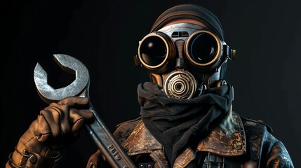 Poster - A person wearing a steampunk-style gas mask and goggles holds a wrench.