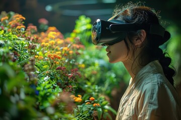 Blooming Reality: Immersed in a vibrant VR garden, a young woman experiences the beauty of nature through a digital lens, blending technology and serenity. 