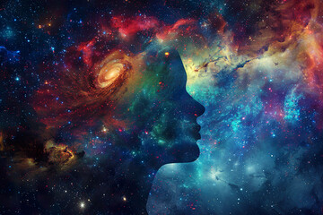 a person's face is shown in a galaxy of stars.