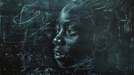 Wall Mural - A chalk drawing of a person's face on a dark background.