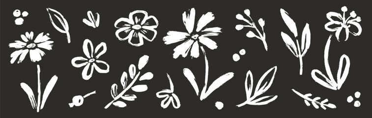 Wall Mural - Flower abstract hand drawn brush chalk stroke. Sketch hand drawn silhouette floral plant, nature graphic leaf, floral grunge abstract brush. Vector simple flower on chalkboard. Vector illustration