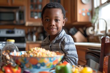 child family kitchen food boy son mother father breakfast cereal bowl morning healthy diet eating home black african american father man happy childhood cute meal, Generative AI