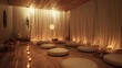 © Copi - A peaceful and serene meditation room with a wooden floor and soft lighting.