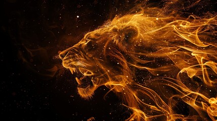 A roaring lion depicted in fiery orange and yellow hues, with a black background and some scattered white stars.