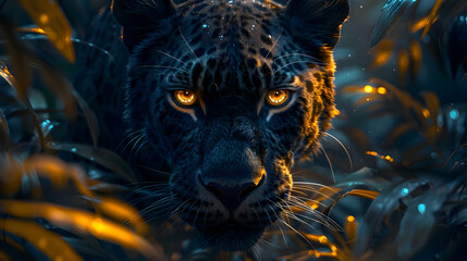 Wall Mural - close up of Black Panther in Realistic jungle