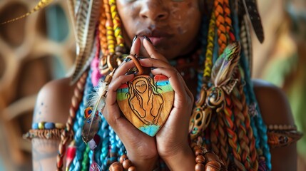 A woman with colorful braided hair holds a wooden heart with a woman carved into it.