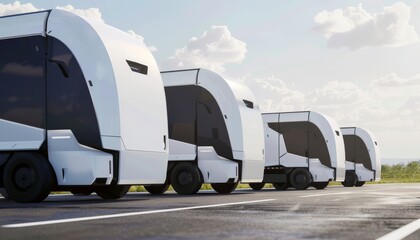 Wall Mural - Futuristic self driving trucks fleet on highway for transportation autonomy concept in wide banner