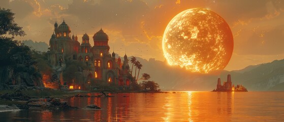 Wall Mural - Ancient City Under an Orange Moon