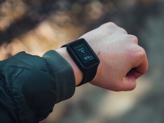 Hand holding fitness tracker, displaying workout progress for effective monitoring