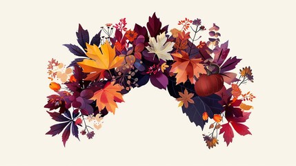 Wall Mural - A digital illustration of an autumnal wreath made up of colorful fall leaves and a small pumpkin.