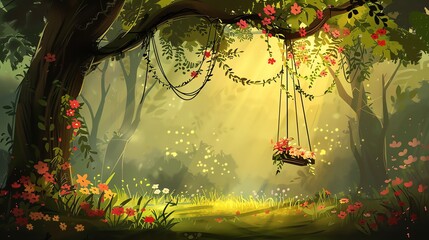 Wall Mural - A whimsical illustration of a swing hanging from a tree branch in a lush, green forest.