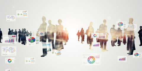 Aufkleber - Composited visual of group of multinational people and marketing data concept. Wide angle visual for banners or advertisements.