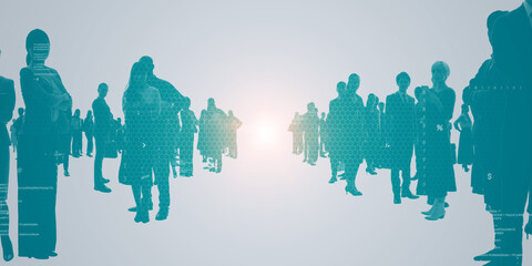 Aufkleber - Composited visual of group of multinational people and digital technology concept. Wide angle visual for banners or advertisements.