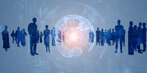 Poster - Composited visual of group of multinational people and global communication network concept. Wide angle visual for banners or advertisements.