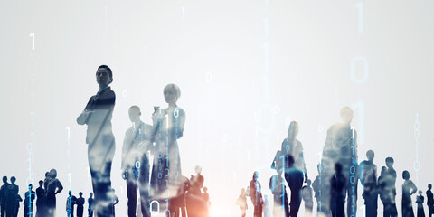 Aufkleber - Composited visual of group of multinational people and digital technology concept. Wide angle visual for banners or advertisements.