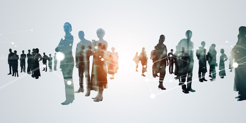 Poster - Composited visual of group of multinational people and communication network concept. Wide angle visual for banners or advertisements.