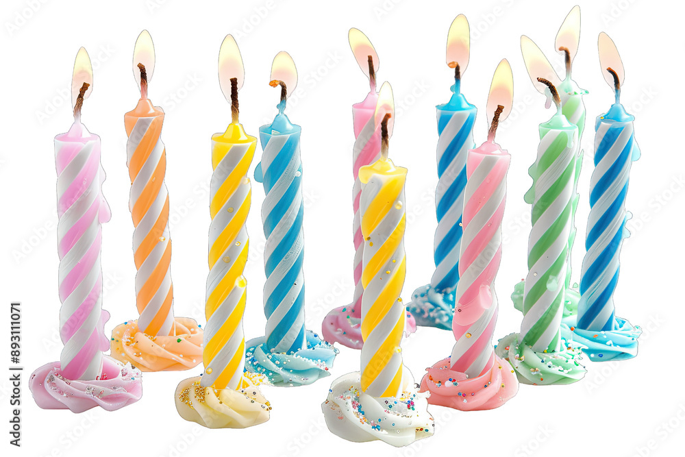 Colorful birthday candles with stripes lit in a row, perfect for ...