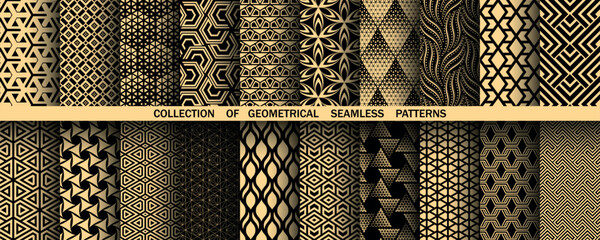 Wall Mural - Geometric set of seamless black and golden patterns. Simple vector graphics