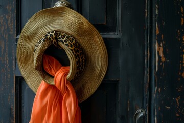 Black wall background, golden straw hat with leopard print and orange silk scarf hanging on the door knocker, close-up of high definition photography 