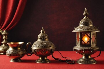 Antique Indian lamp and kumkum. Hindu religious background. Bright red color empty banner or template with Indian lamp image.