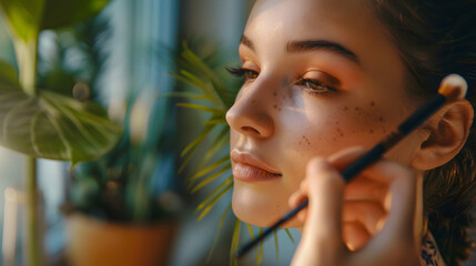 Canvas Print - beautiful young woman applying eye makeup, subject to the right of the image, mid distance shot,