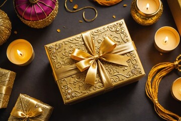 golden and glittering indian festive gift pack and traditional lamps. an elegantly wrapped, beautifu