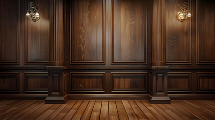 Classic premium luxury wood paneling wall background or texture. Highly crafted traditional wood paneling wall and floor, with a frame and column pattern