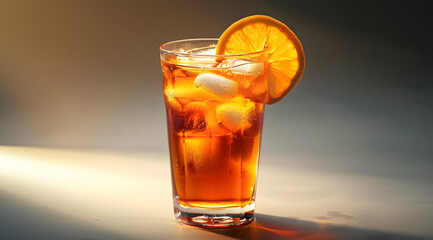 Sticker - Cold, refreshing iced tea in a tall glass, beautifully garnished with a slice of orange, against a soft background