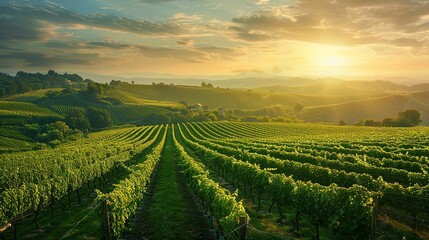 A Vineyard on a hill at sunset vineyard outdoors nature. copy space for text. image of garden.