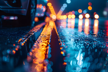 Canvas Print - Car Driving Down Wet Road at Night