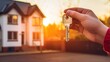© ALA - A hand holds house keys against the background of a new house during a move. A real estate agent hands over the keys to a house.