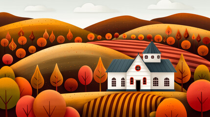 Poster - A vintage poster illustration celebrating a cozy Thanksgiving with warm amber and brown hues featuring a rustic farmhouse and bountiful harvest 