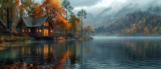 Wall Mural - Cozy Cabin Nestled in a Misty Autumn Forest by the Lake