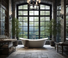 Wall Mural -  Neoclassical Clarity A Lush and Detailed Iron-Framed Bathroom with High-Key Lighting.jpeg