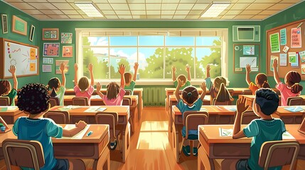 bustling classroom scene with students eagerly participating in a lesson, colorful posters on the walls, and desks filled with school supplies, capturing the excitement of the first day back