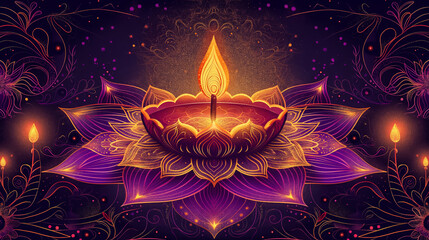 Sticker - A vintage poster illustration showcasing a festive Diwali night with vibrant purple and golden hues featuring a radiant diya and intricate rangoli 