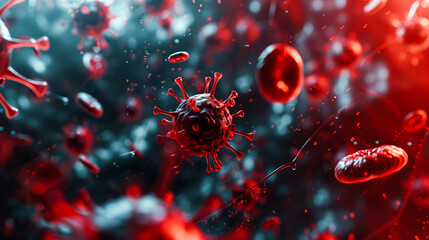 Poster - High-detail of a virus structure, bloodstream background