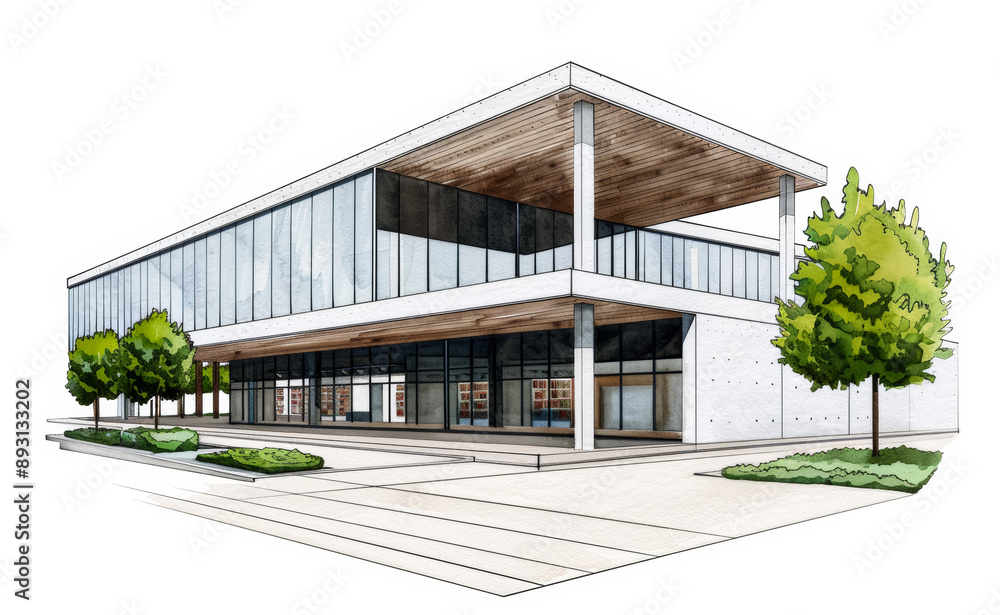 Ink sketch watercolor illustration of a modern library with clean lines ...
