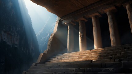 Exploring ancient ruins, mystical ambiance, detailed illustration, muted colors,