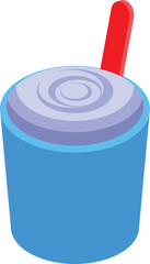 Wall Mural - Simple colorful isometric illustration of a blue cup containing swirled purple frozen yogurt or ice cream with a red plastic spoon