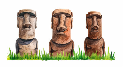 Wall Mural - Watercolor art of the Moai statues on Easter Island mysterious and ancient isolated on white 