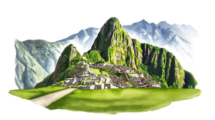 Watercolor depiction of Machu Picchu in Peru ancient and mystical isolated on white 