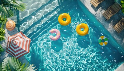 Aerial View of a Pool With Inflatable Rings and a Striped Umbrella on a Sunny Day