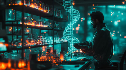 Wall Mural - Science laboratory featuring DNA double helix and genetic molecule structures, emphasizing research on human genome, genetic engineering, and biotechnology.