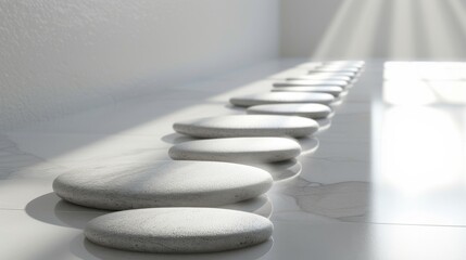 A Row of White Pebbles in a Line on a Tiled Floor - Generative AI