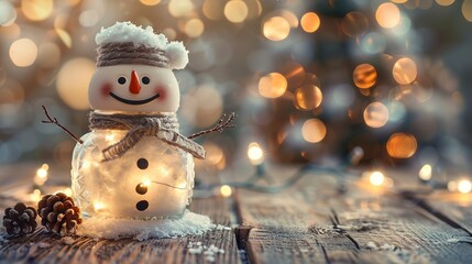 Poster - Cute Snowman in a snow glass jar bottle decoration on a wooden floor with blur Christmas tree and bokeh lights banner background