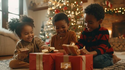 Canvas Print - Three diverse kids gleefully unwrap Christmas presents in a cozy living room, with a beautifully decorated tree in the backdrop, capturing the magic of the holiday spirit. 