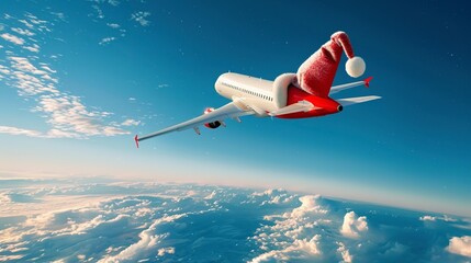 Canvas Print - red and white plane in a santa claus hat flies through the sky, christmas travel, new year vacation abroad, air transport